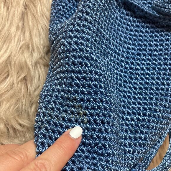The SAK Mini Crochet Drawstring Backpack Purse - Bucket bag/ boho Blue